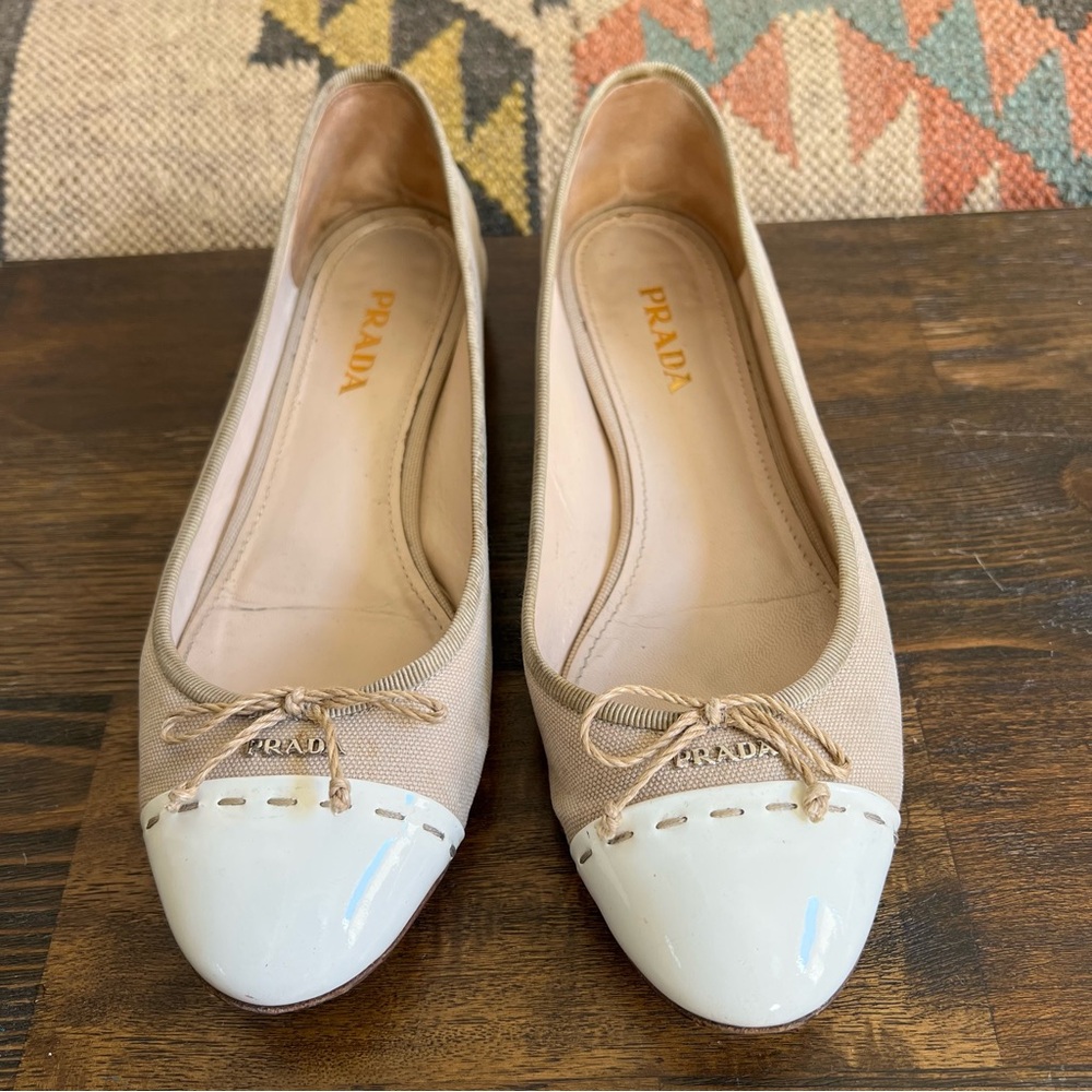 Prada Beige Canvas Leather Cap Toe “PRADA” Logo Front Flats 38
